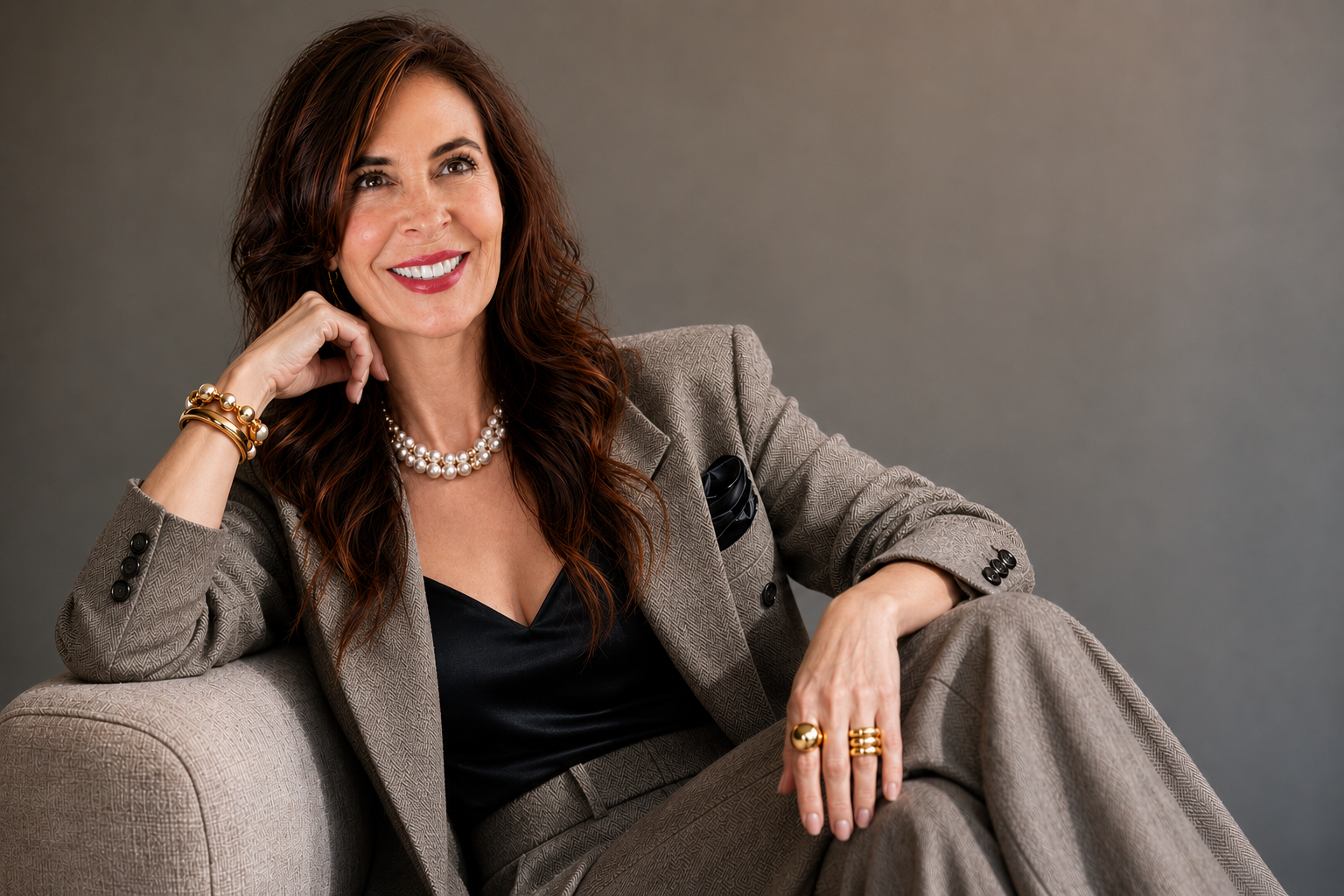 Susan Harrow_Tan suit_Horizontal_hair down