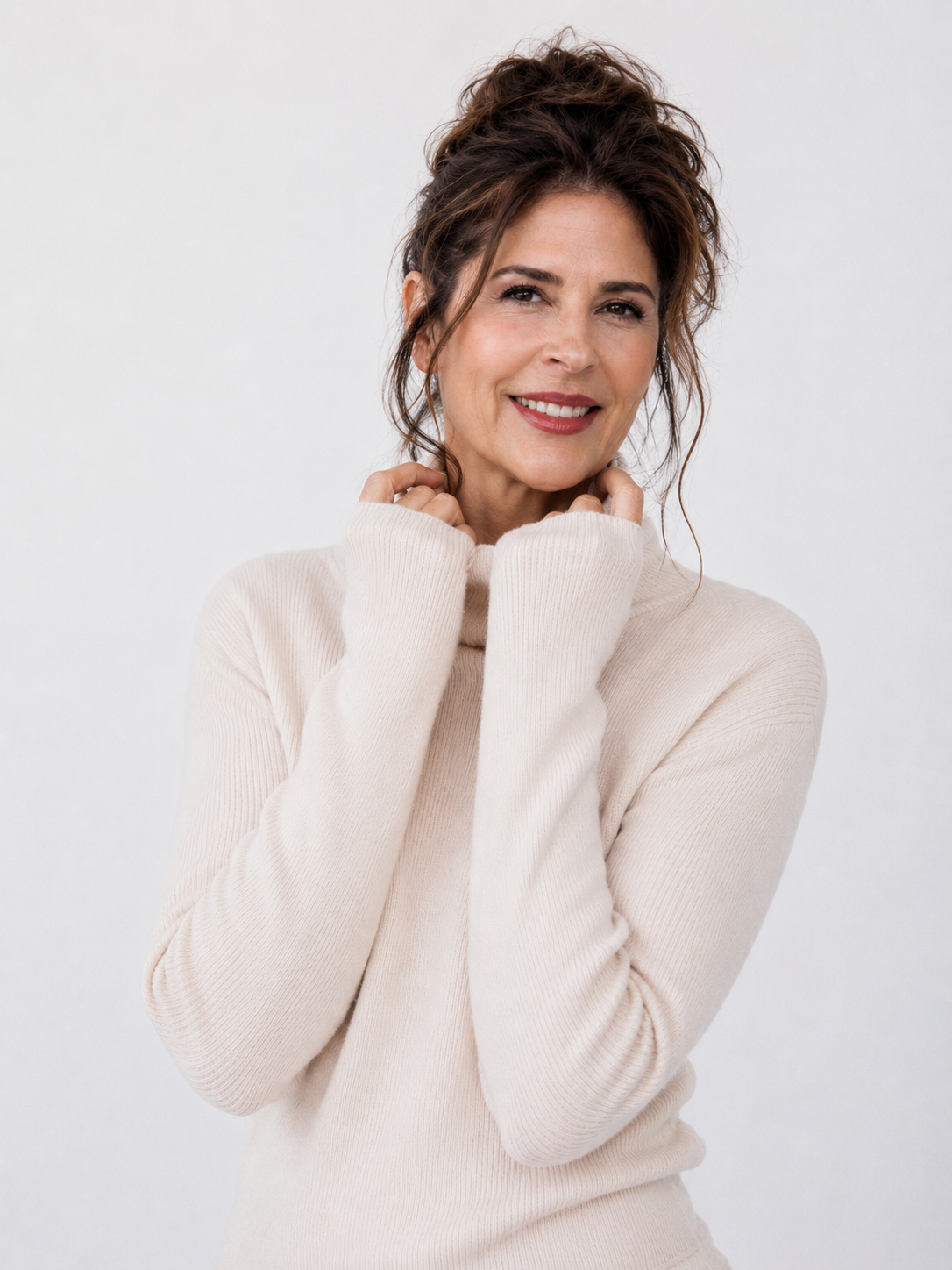 Susan Harrow_White Turtleneck_updo